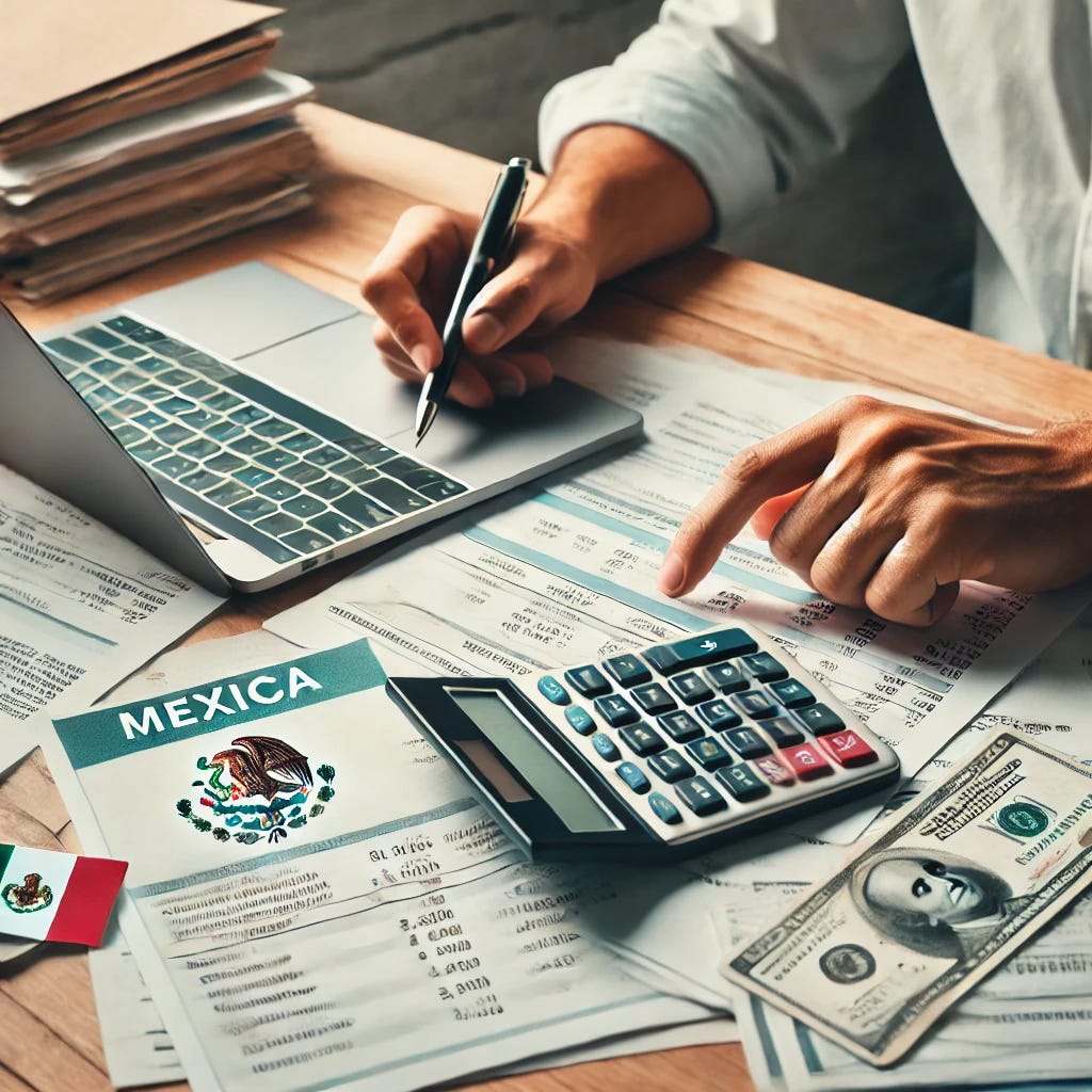 A person sitting at a desk with a calculator, reviewing financial documents and bank statements. The scene represents someone preparing their finances for a Mexican residency application. Papers, pay stubs, and a laptop are scattered on the desk, with a map or Mexican flag subtly in the background to highlight the focus on residency.