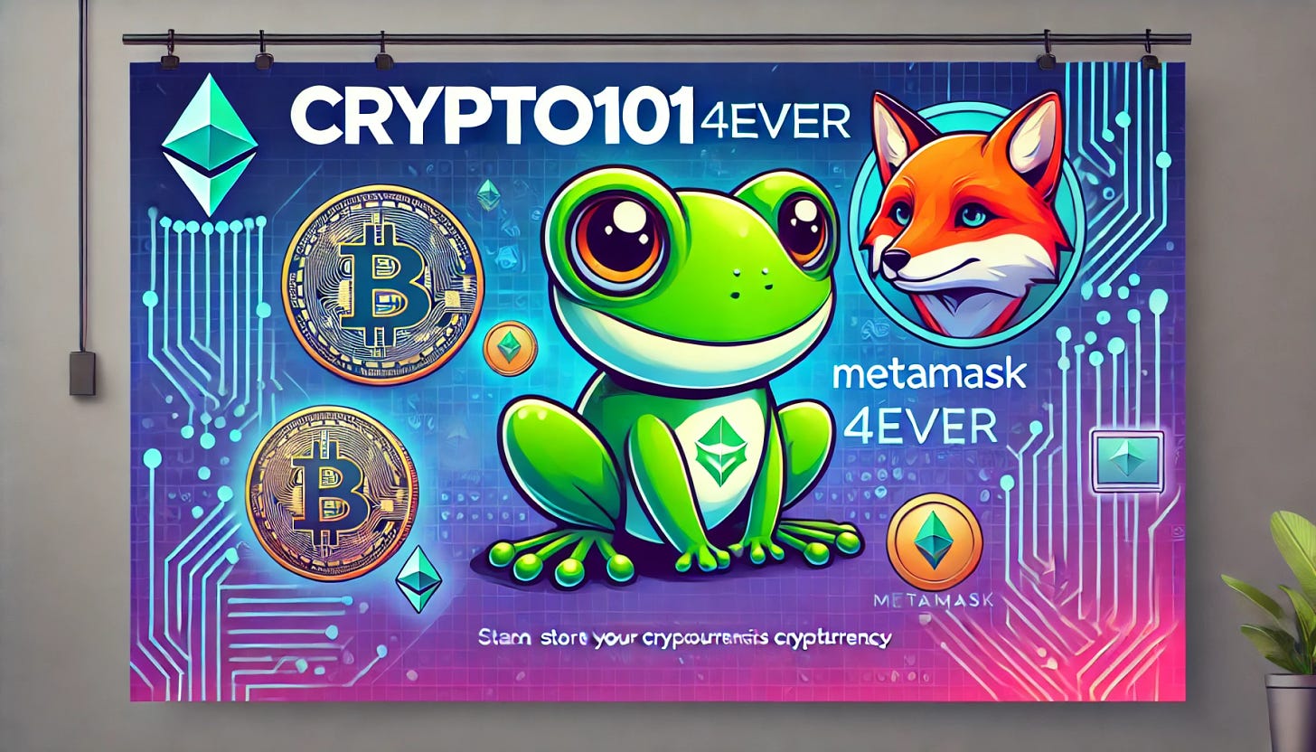 A banner for cryptocurrency investors, featuring a cute green frog as the logo of a cryptocurrency. The frog looks charming and adorable. The Metamask logo, a fox, is displayed, showing that users can store their cryptocurrencies securely. The banner includes bold text 'Crypto101 4ever' with a modern, professional design. The background features blockchain patterns, giving a sense of security and innovation, with vibrant, tech-inspired colors.