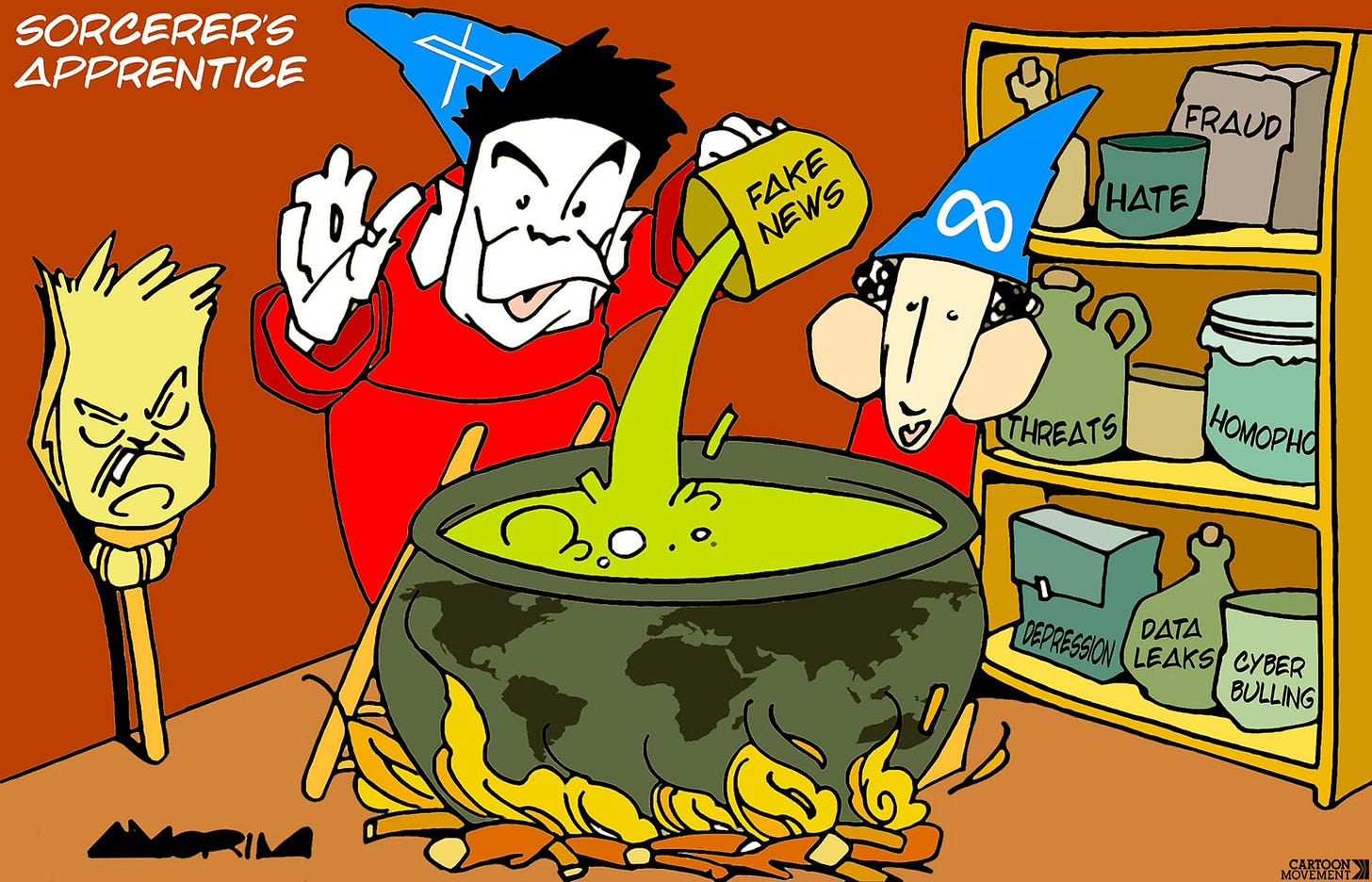 Cartoon showing Elon Musk with a sorcerer’s hat pouring green stuff from a jar labeled ‘Fake news’ into a large cauldron. A smaller Mark Zuckerberg stands next to him and looks on as his apprentice. In the back stands a broom against the wall with the face of Donald Trump, while against another wall a cupboard contains various other ingredients, including hate, homophobia and cyber bullying.