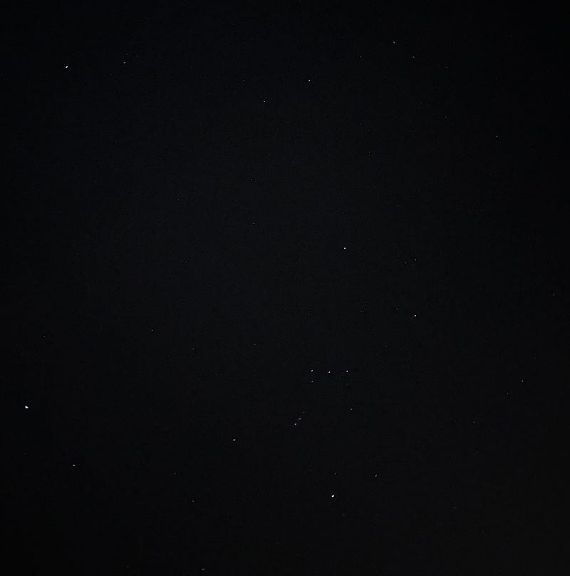 Photo of a starry sky prominently featuring the constellation Orion (The Hunter)