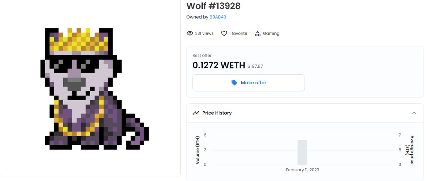 Wolf #13928 is one of the rarest Gen 2 NFTs and the highest-selling.