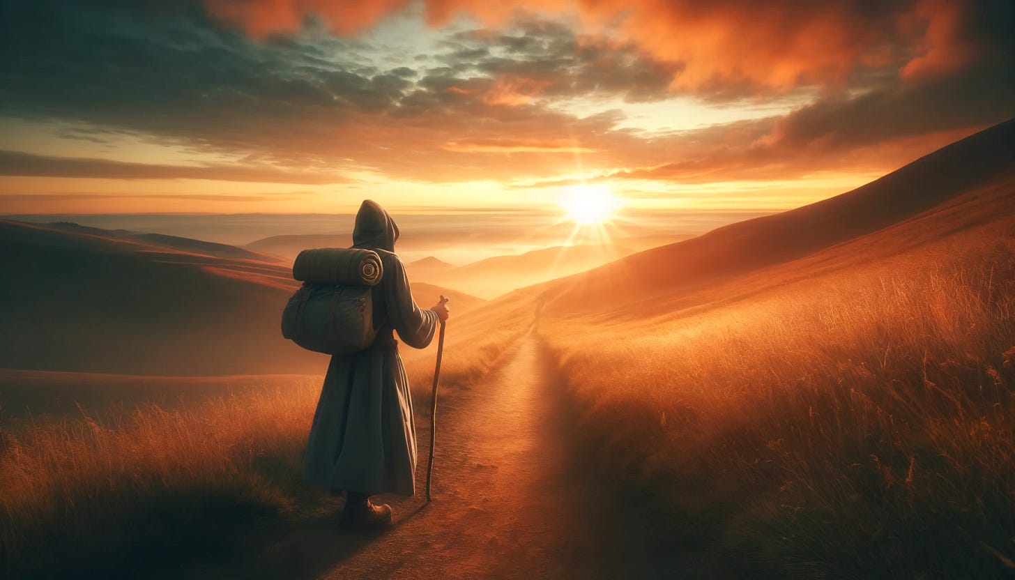 A person in a grey robe setting off on a long journey towards a sunrise. The figure walks along a path that stretches through a vast landscape, with rolling hills and a hint of a forest in the distance. The sunrise paints the sky with shades of orange, pink, and gold, casting a warm glow over the scene. The person carries a small backpack and holds a walking stick, appearing determined and hopeful. The overall mood is serene and inspiring, capturing the beginning of an epic adventure.