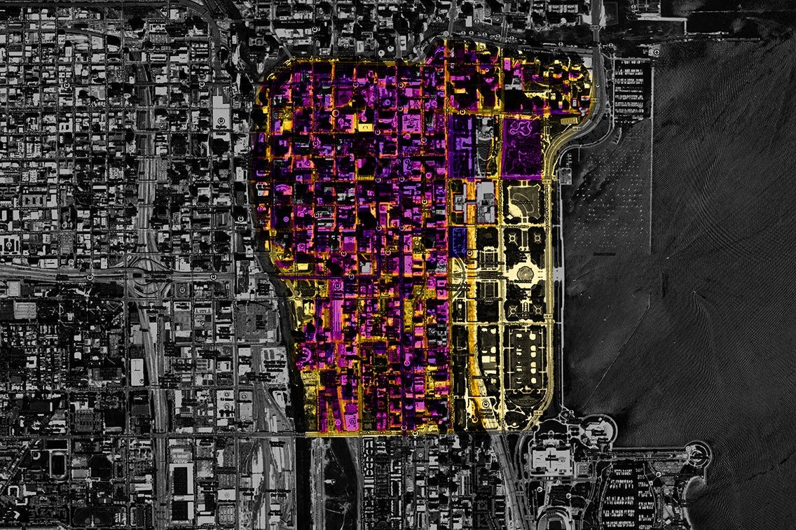 Colors show underground temperatures in Chicago's Loop district, with purple representing the highest temperatures.