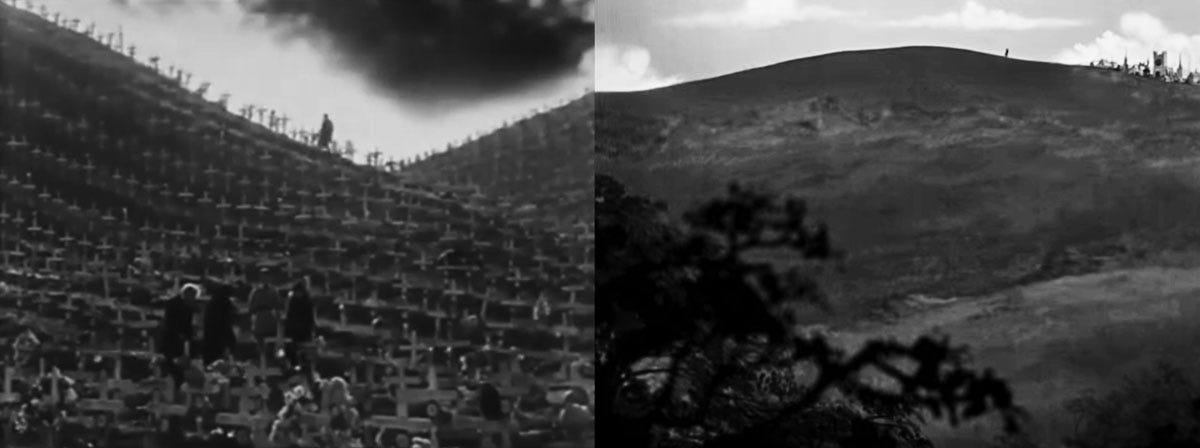 Two images side-by-side. On the left a still from 1921 war film The Four Horsemen of the Apocalypse. A man is seen in silhouette on the skyline above a hillside full of war rgaves. In the foreground three people tend to a grave. On the right, a still from 1924 war film The Big Parade. A similar scene but withouth the graves