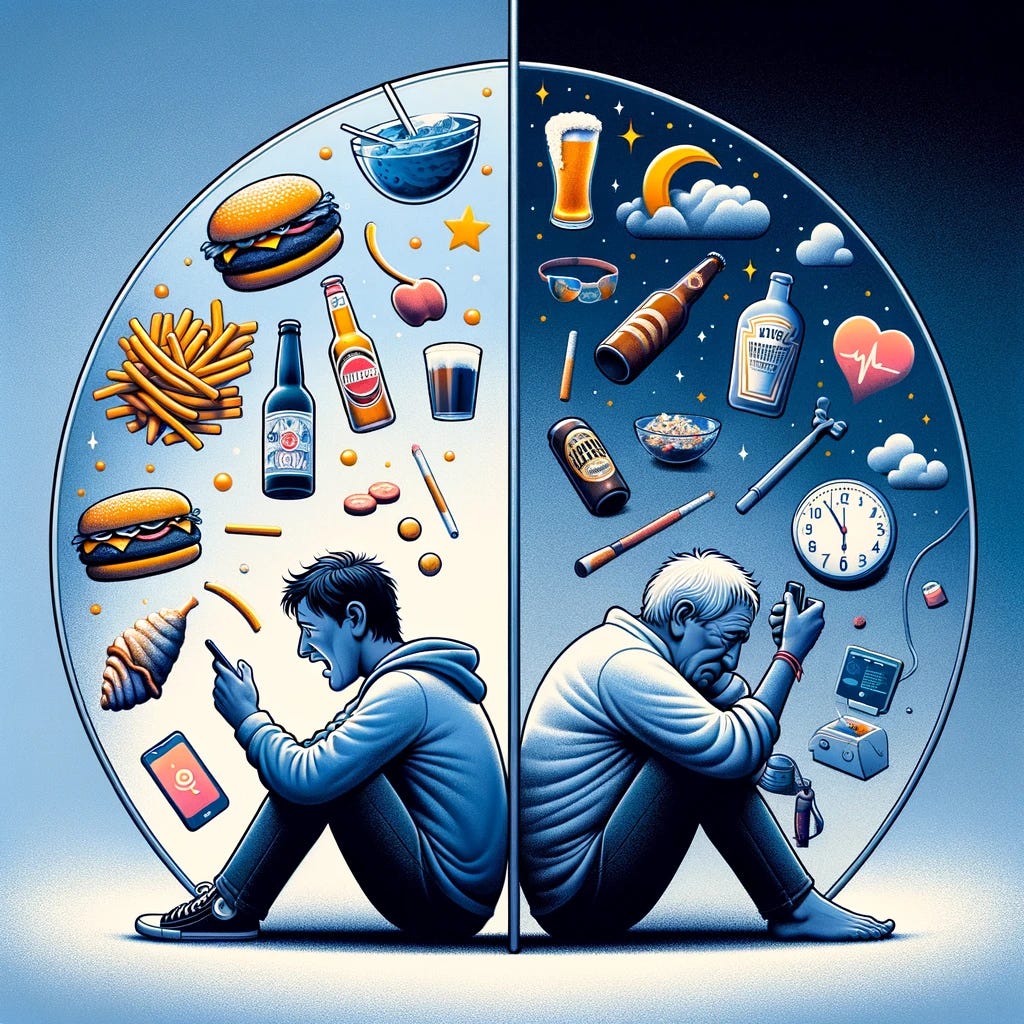 A visually engaging cover image that contrasts the present self with the future self. Imagine a split scene: on one side, a person indulging in short-term pleasures like fast food, excessive alcohol, and mindlessly scrolling through social media, symbolized by icons of a burger, beer, and a smartphone. On the other side, the future self is depicted in a state of regret, looking back with a mix of concern and wisdom, surrounded by symbols of poor health, loneliness, and a clock representing time wasted. The dividing line between the two selves is a mirror, reflecting the immediate choices on one side and their long-term consequences on the other. The image encapsulates the theme of the article, emphasizing the impact of today's choices on tomorrow's reality, urging viewers to reflect on their actions and consider their future selves.