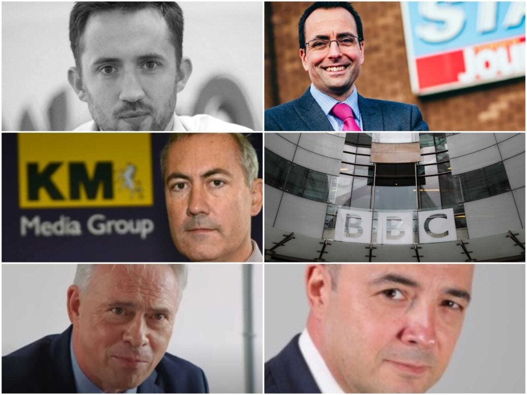 Local news bosses have criticised the BBC's focus on digital regional news. Clockwise from top left: Paul Rowland of Reach, Martin Wright of Midland News Association, BBC Broadcasting House, Newsquest's Toby Granville, National World's Gary Shipton, and Iliffe Media's Ian Carter.