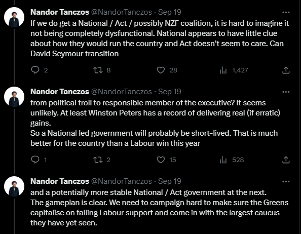 Three tweets from Nandor Tanczos that read "If we do get a National / Act / possibly NZF coalition, it is hard to imagine it not being completely dysfunctional. National appears to have little clue about how they would run the country and Act doesn’t seem to care. Can David Seymour transition from political troll to responsible member of the executive? It seems unlikely. At least Winston Peters has a record of delivering real (if erratic) gains. So a National led government will probably be short-lived. That is much better for the country than a Labour win this year and a potentially more stable National / Act government at the next. The gameplan is clear. We need to campaign hard to make sure the Greens capitalise on falling Labour support and come in with the largest caucus they have yet seen."