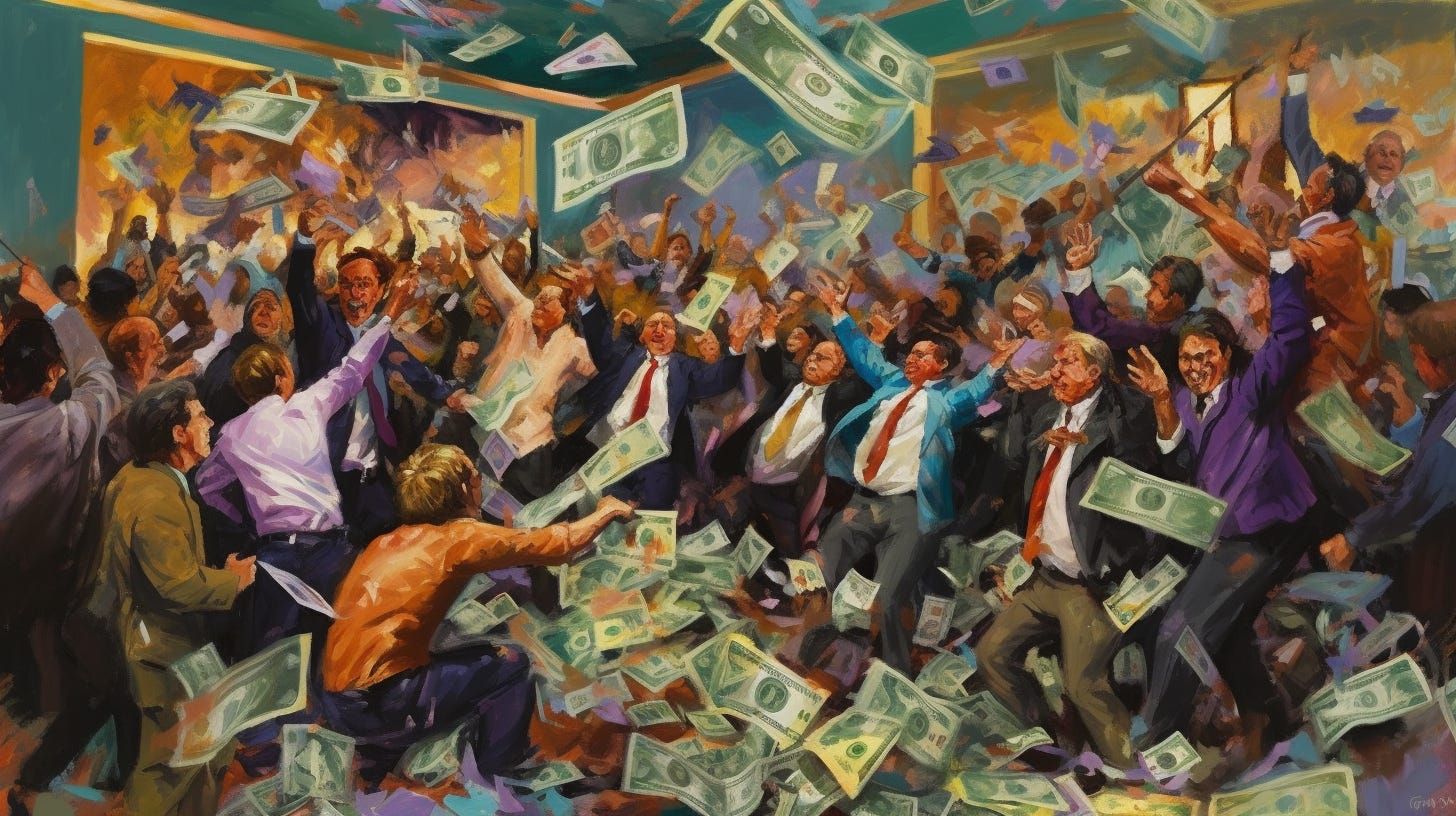 A fight has broken out on the floor of Congress. The congress people are tangled up with each other. Thousands of Dollar bills fall from the ceiling. 