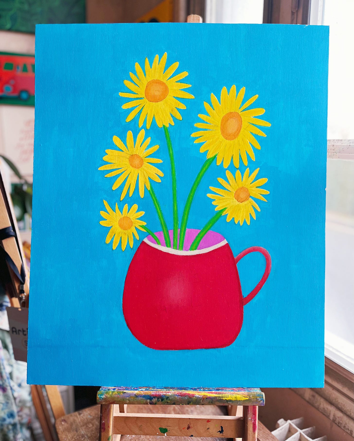 A painting of five yellow flowers in a red vase on a blue background