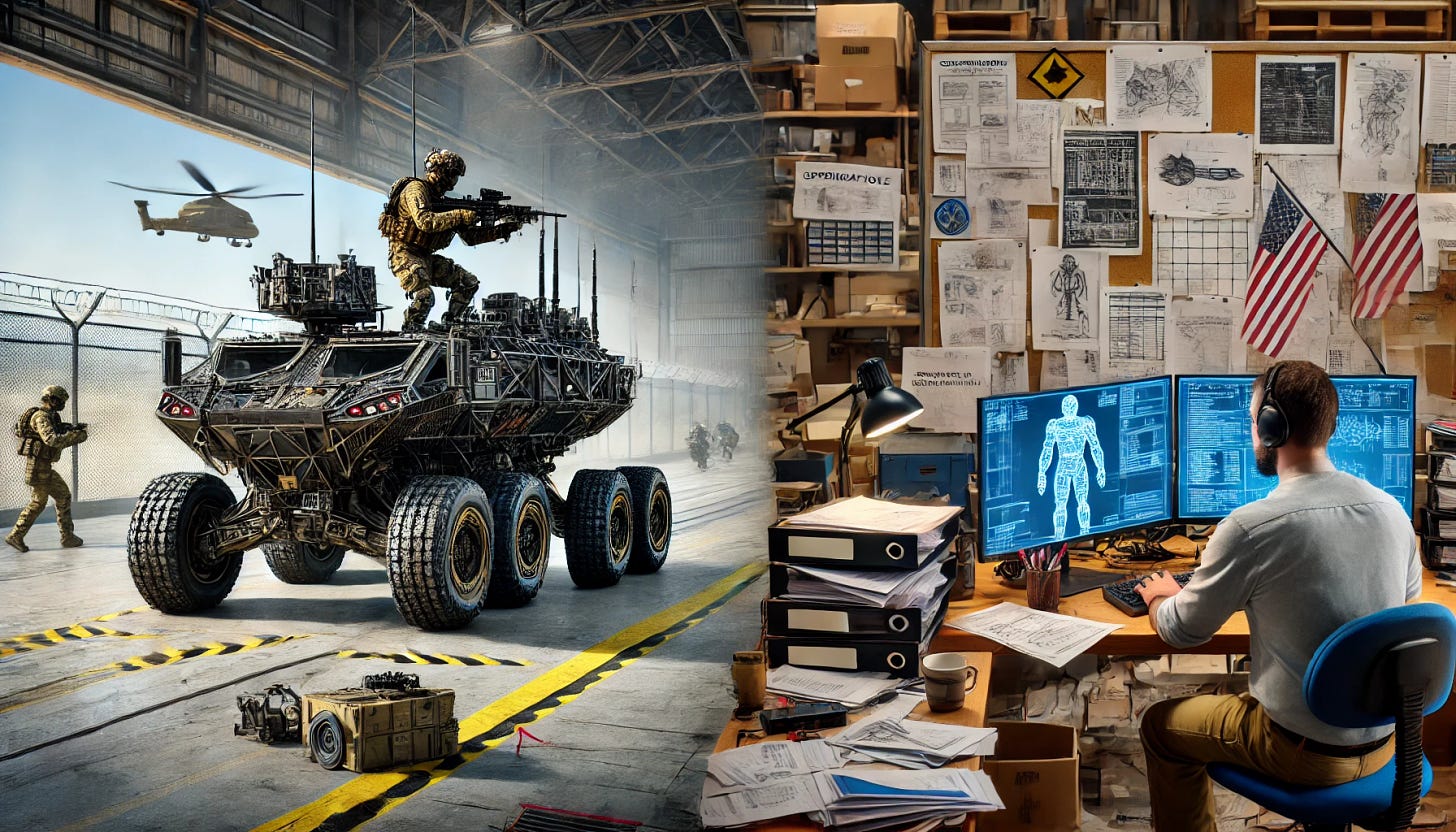 A split image contrasting a robotic combat vehicle on a testing range and an engineer producing specifications for it. On the left side, show a detailed, futuristic robotic combat vehicle being tested on a military testing range with advanced technology. The vehicle should be equipped with high-tech weaponry, sensors, and sleek armor. The background should show a well-organized, state-of-the-art testing facility with modern equipment, digital displays, and safety barriers. On the right side, show an engineer in a messy office or lab setting, with stacks of documents, blueprints, and briefs scattered haphazardly on a cluttered desk. Papers are strewn across the floor, and there are coffee cups and other signs of disarray. The engineer is working on a simple computer setup with physical technical drawings and notes. This image should illustrate the difference between the operational testing in a sophisticated environment and the more chaotic, less organized engineering design process of a robotic combat vehicle.