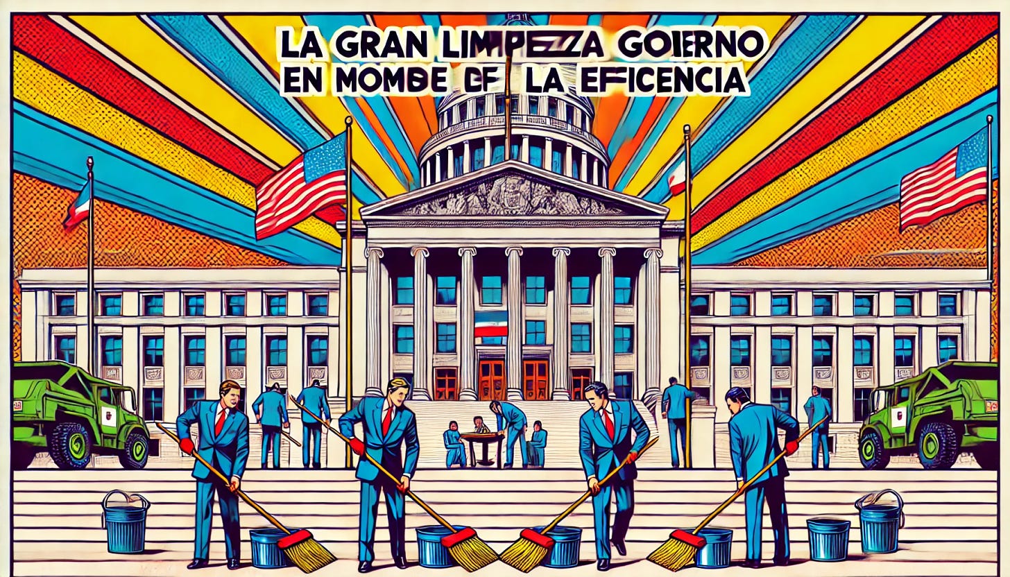 A vibrant pop-art style illustration depicting a government building with a sign that reads 'La Gran Limpieza del Gobierno en Nombre de la Eficiencia' in Spanish. The scene should show officials in suits, with brooms and dustpans, symbolically cleaning around the steps of the building, emphasizing the theme of governmental efficiency. The background should have elements of the American flag to imply the government of the United States. The illustration should be detailed, colorful, and in a rectangular horizontal format 1920x1080 pixels.