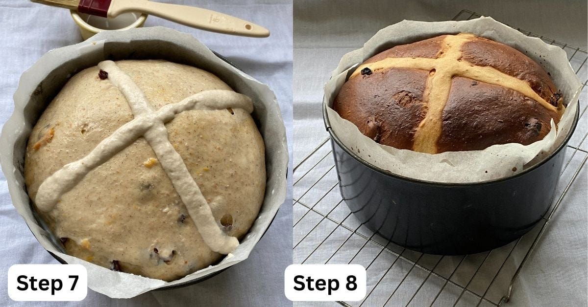 Large Hot Cross Bun in a baking tin.