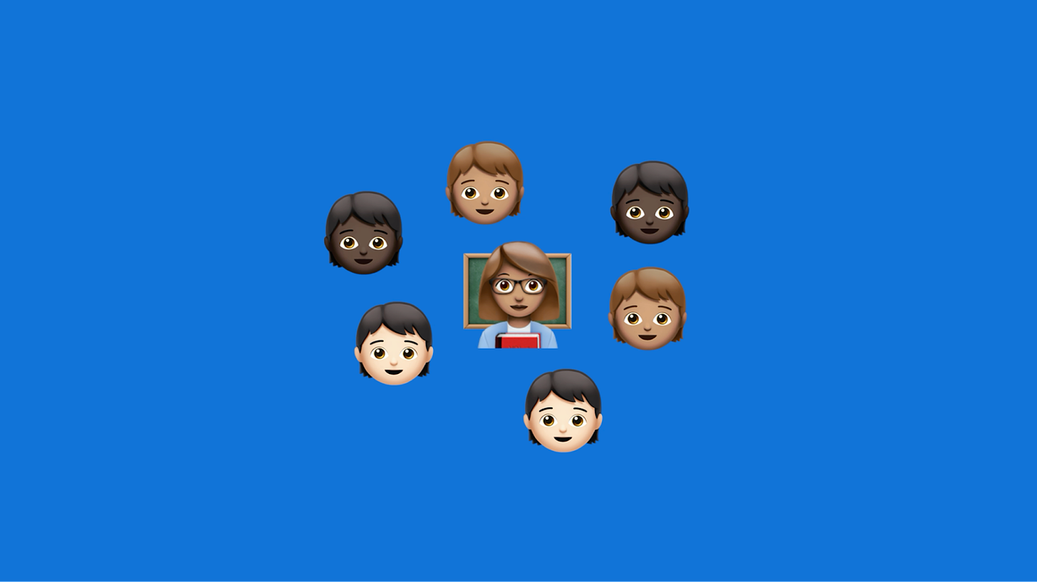 An image of a teacher surrounded by six kids, all represented by emojis.