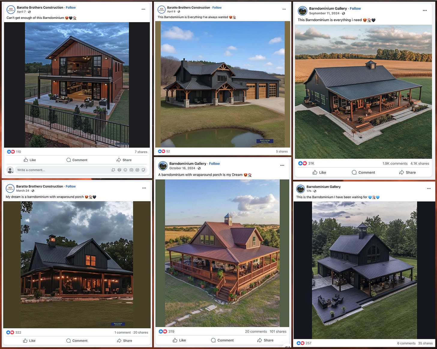 screenshots of AI-generated images of barndominiums from the hacked "Baratto Brothers Construction" page and "Barndominium Gallery", showing the similarity in style