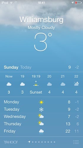 Screenshot of weather, showing 8 degrees on Monday, 7 on Wednesday, 22 on Friday