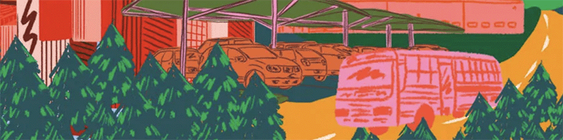 Painting of parked cars with a bus and trees. Colors are surreal