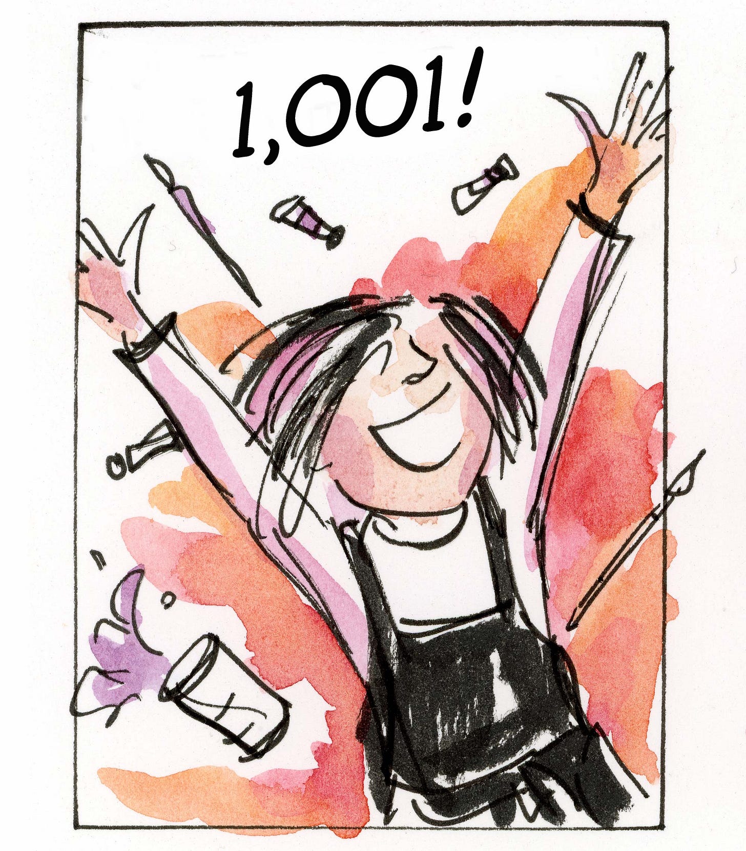 Quick illustration by K. Woodman-Maynard showing her enthusiastically raising her hands with the text "1001" above her and art supplies flying.