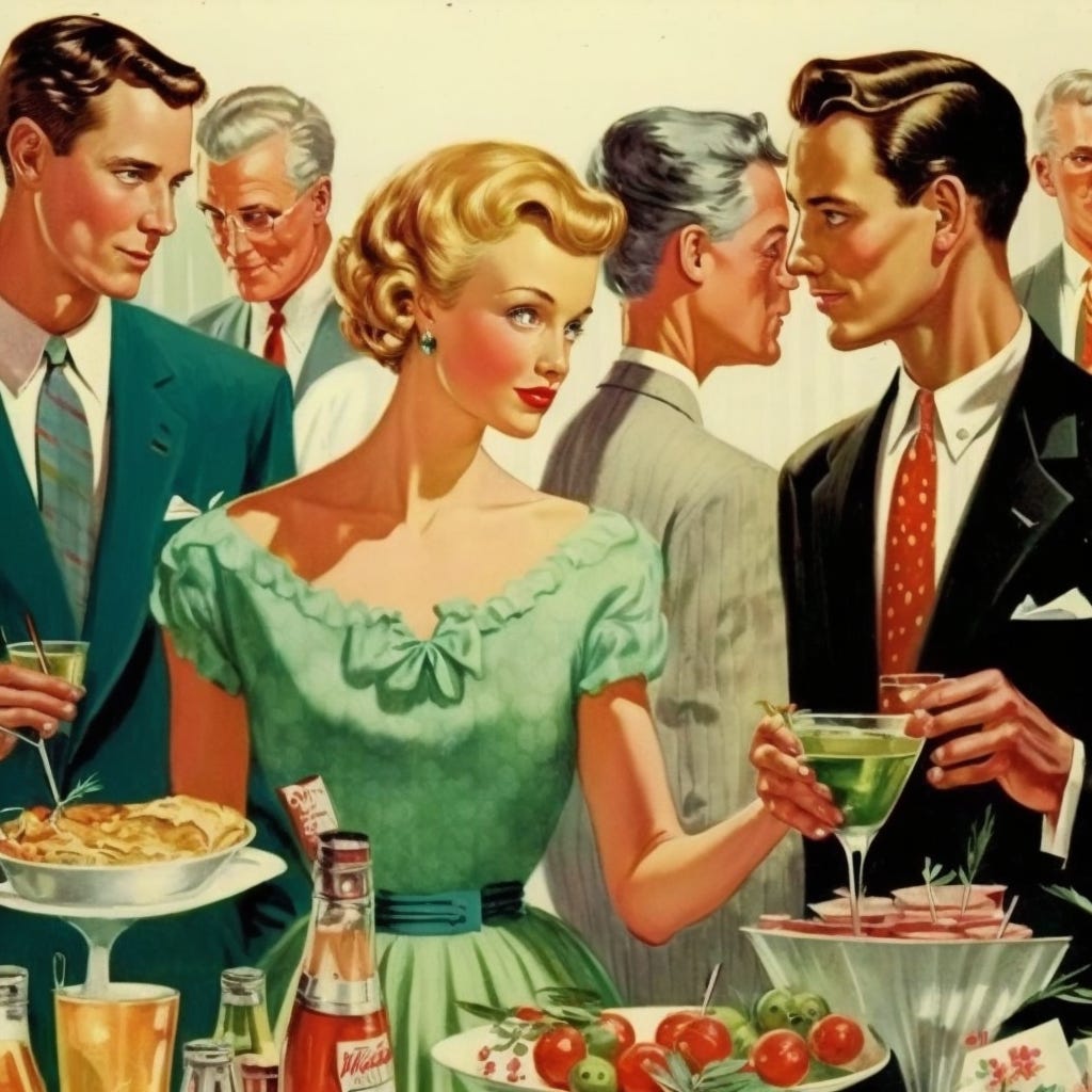 1950s cocktail party with stylish young men and women flirting, smoking, drinking, and eating from relish trays