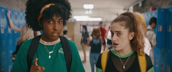 This image released by Orion Releasing shows Ayo Edebiri, left, and Rachel Sennott in a scene from "Bottoms." (Orion Releasing via AP)