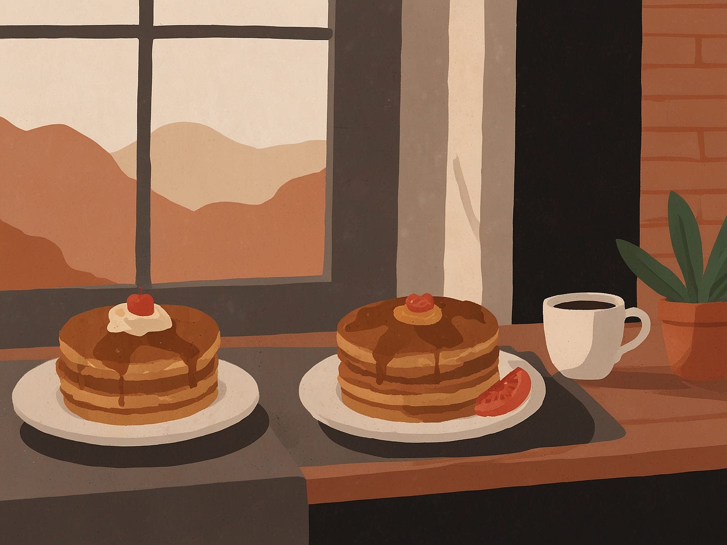 morning coffee and pancakes illustration, beside window, natural sunlight, minimalist, shadow