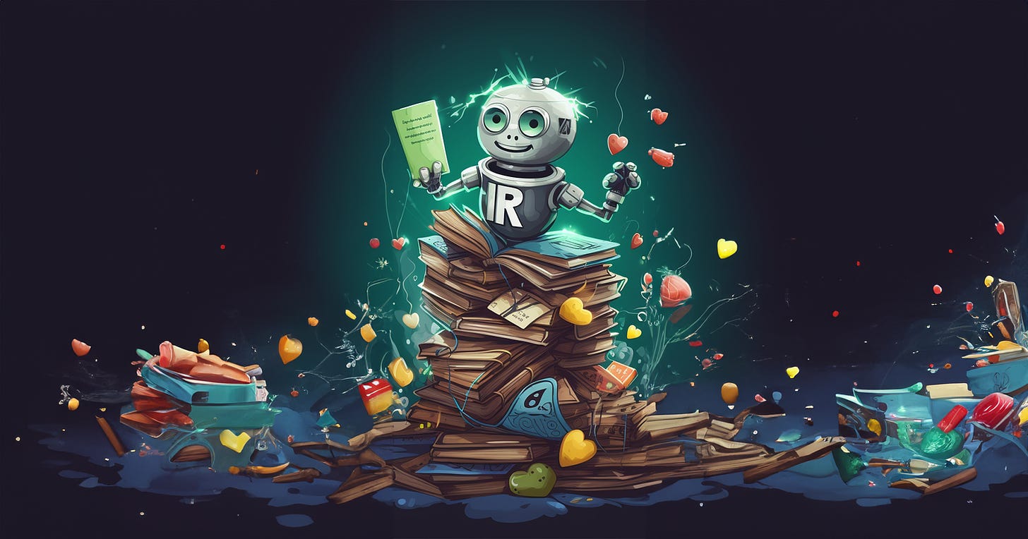 A robot on a pile of books