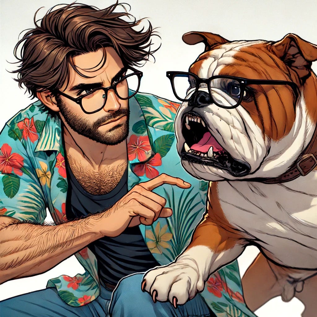 A 30-year-old white man with medium-length wavy brown hair and a beard, wearing a Hawaiian shirt over a black tank top and blue jeans. He has thin-framed rectangular glasses and is engaging in a fight with a bulldog who is also wearing glasses. The scene is dynamic and intense, with both the man and the bulldog looking determined and fierce. The background is simple to emphasize the action between the two characters.