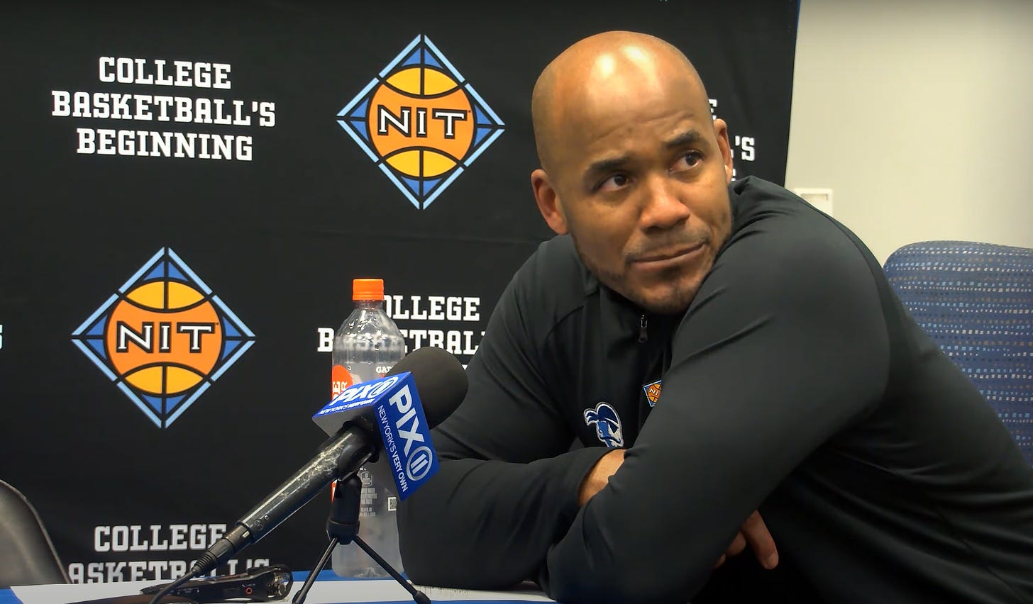 Shaheen Holloway meets with media after Seton Hall’s 91-68 win over UNLV in the third round of the NIT. (Screenshot via YouTube/Seton Hall Pirates)