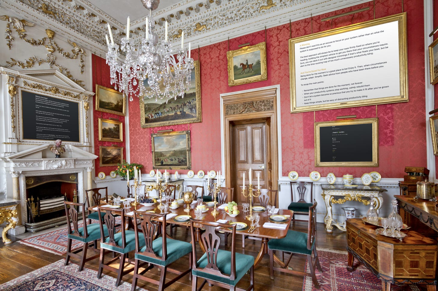A richly decorated dining room with text from notes apps showing in the picture frames.