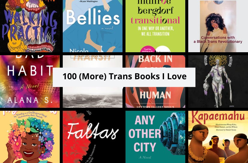 A grid of small images of 12 of the listed books. The text ‘100 (More) Trans Books I Love’ appears in a white box in the center.