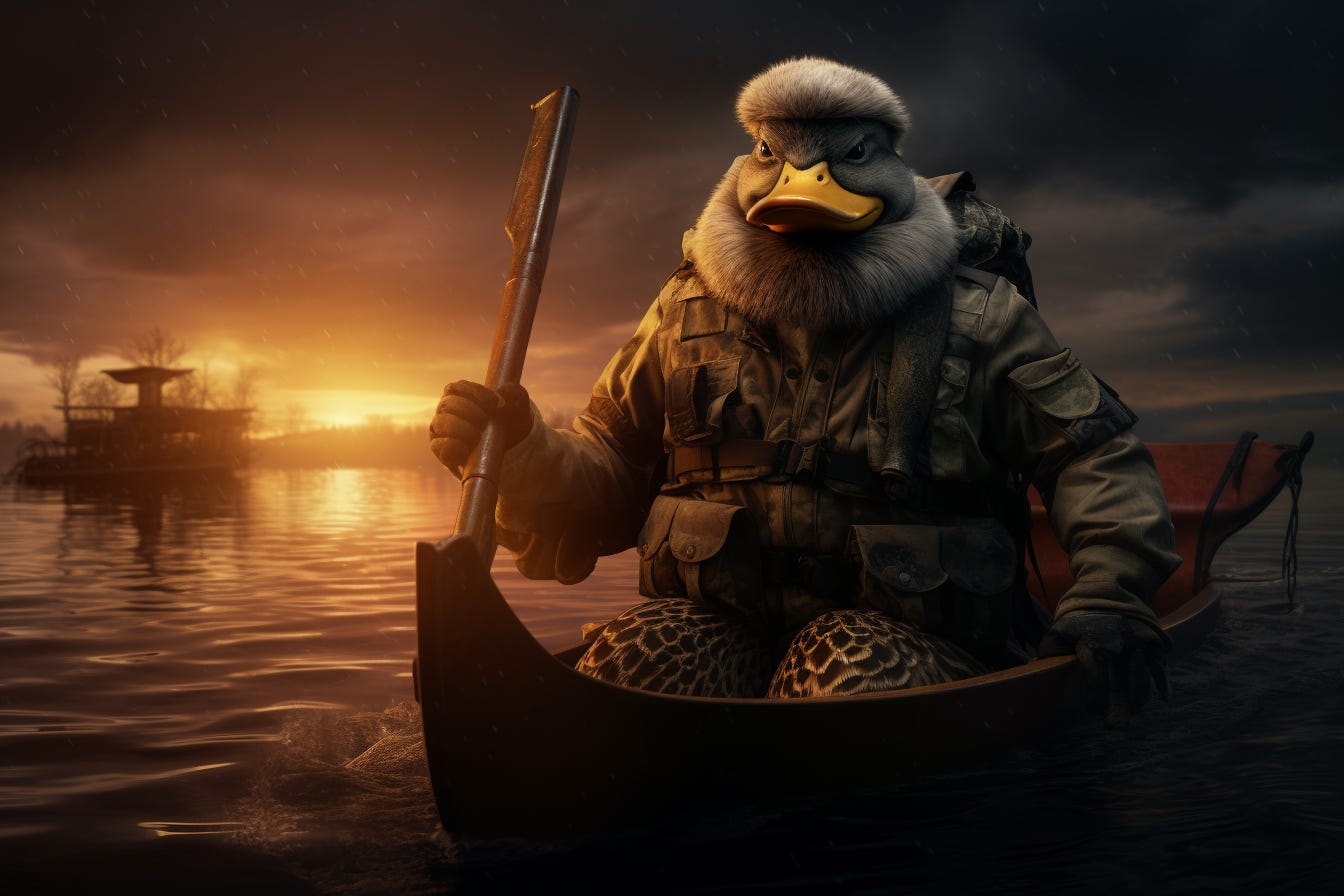 Anthropomorphic duck in a hunting outfit