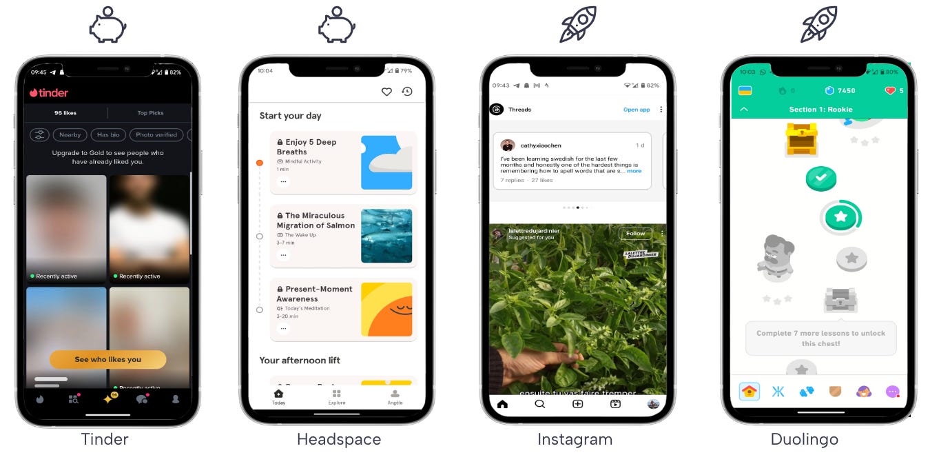 Screens from Tinder, Headspace, Instagram and Duolingo Screens from Tinder, Headspace, Instagram and Duolingo