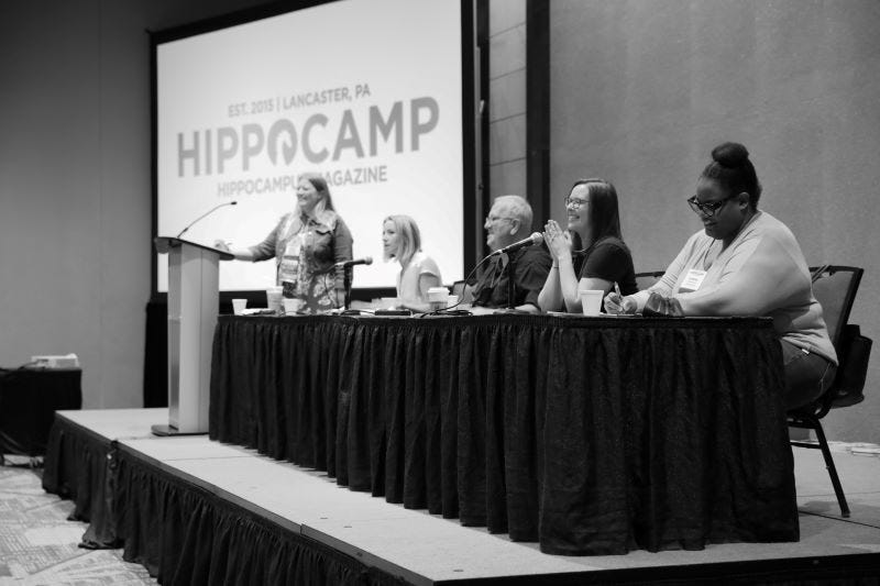 donna talarico on stage at hippocamp with ashleigh renard, dinty w. moore, erin dorney, and athena dixon
