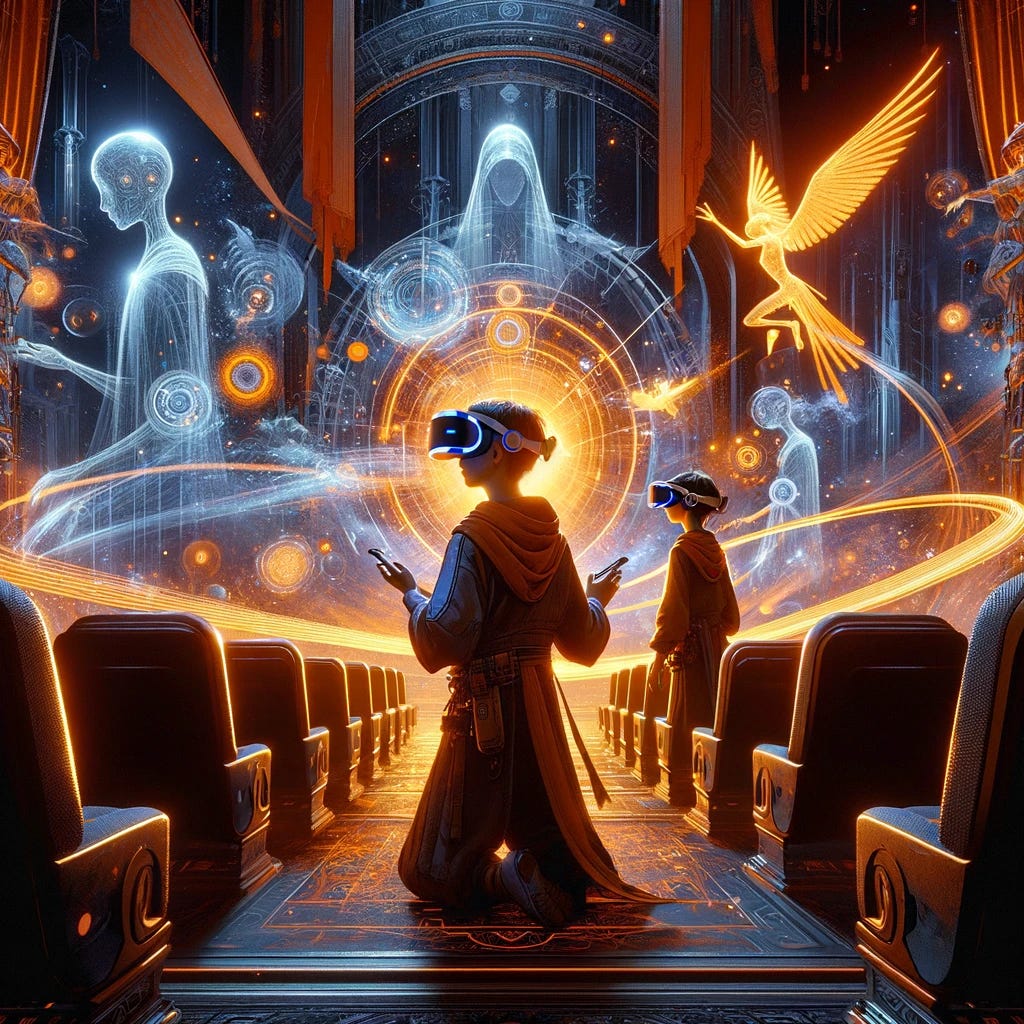 Enhance the previously envisioned scene from a Disney metaverse movie that emphasizes virtual reality, by adding more orange to the color scheme. The scene, set against a dark background, now features an increased presence of orange hues, enriching the visual experience with warmth and vibrancy. This adjustment highlights the characters wearing virtual reality headsets and the digital constructs around them, making the orange elements stand out against the white and blue tones. The environment becomes even more immersive and captivating, with the added orange creating a lively and dynamic atmosphere. This modification serves to further accentuate the magical and futuristic aspects of the Disney metaverse, inviting viewers into a world where technology and fantasy intertwine seamlessly.