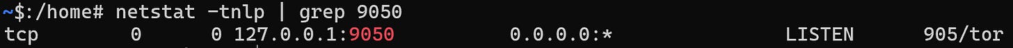 Note the tor service listening on port 9050