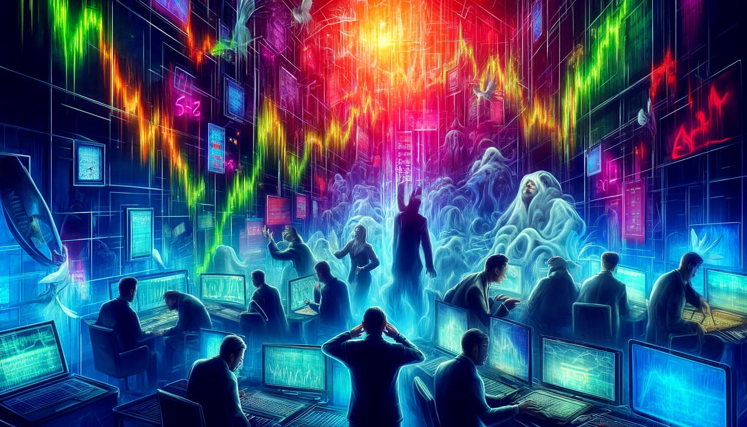 A chaotic financial scene with investors looking confused and lost in a complex, maze-like environment. Computer screens display corrupted price signals flickering. Ghostly apparitions float among the scene, adding to the surreal and tense atmosphere. Vibrant colors, dim lighting, and shadows emphasize the sense of uncertainty and instability in the financial market. The colors should be bold and dynamic to enhance the chaotic feeling.