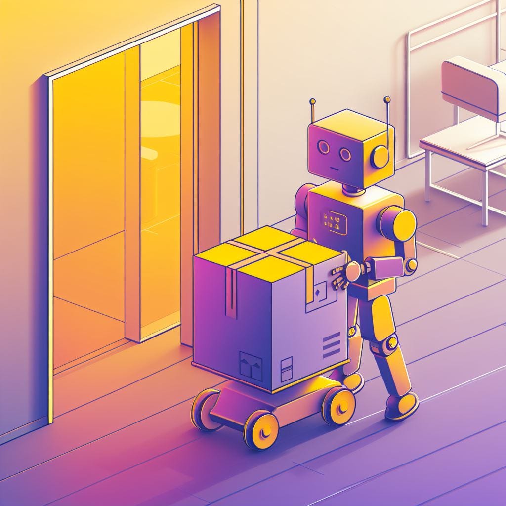 a robot bringing the box into the apartment in a modern flat minimalistic style using purple #352765 and yellow #FBC239 gradients