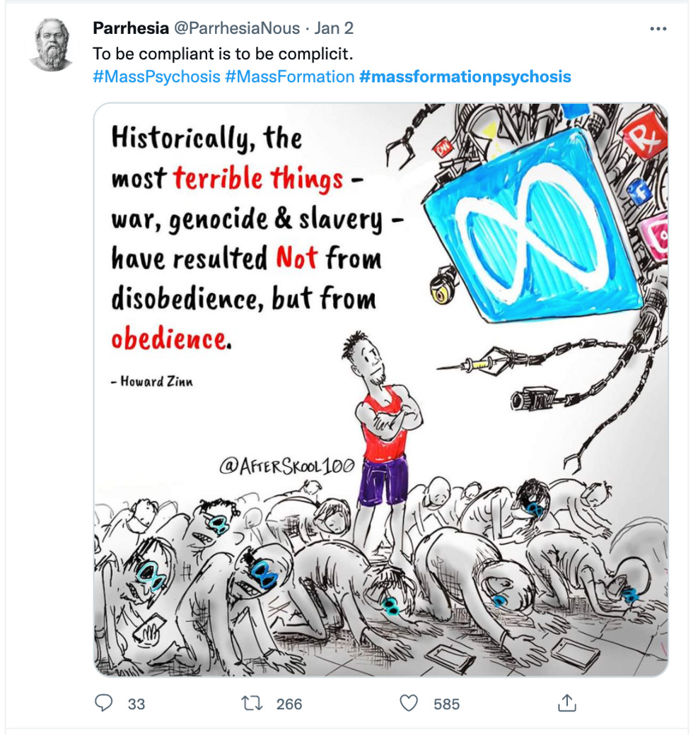 Tweet reading 'To be compliant is to be complicit,' with meme featuring a Howard Zinn quote "Historically, the most terrible things - war, genocide and slavery - have resulted not from disobedience but obedience"
