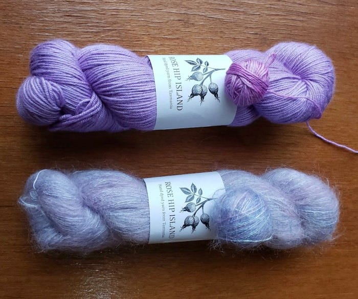 New skeins of yarn from Rosehip Island in purple