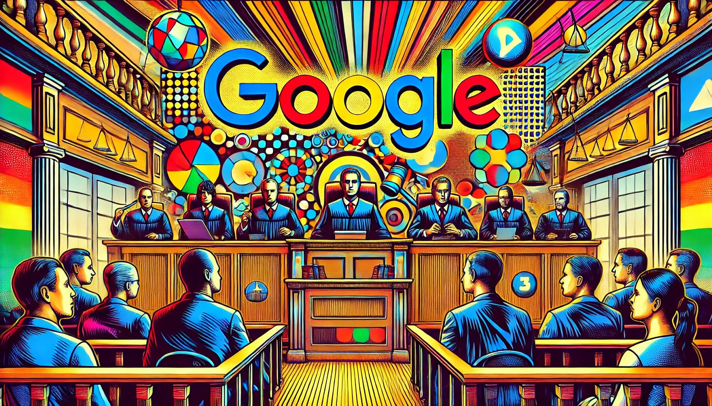 A vibrant pop-art style illustration representing Google facing troubles, set in a surreal courtroom scene. The courtroom is colorful and stylized, featuring judges and lawyers, with the iconic Google logo prominently displayed, suggesting legal issues or a trial. The background is a chaotic array of colorful legal symbols and digital motifs, all in a dynamic composition. The overall mood is dramatic yet playful, capturing the tension and spectacle of the situation. Image in 16:9 format, 1920x1080 resolution.