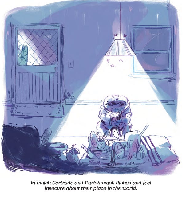 A mournful frog spotlit over a pile of dishes, with a masked girl looking on from behind a door. Subtitle: 'In which Gertrud and Parish wash dishes and feel insecure about their place in the world.'