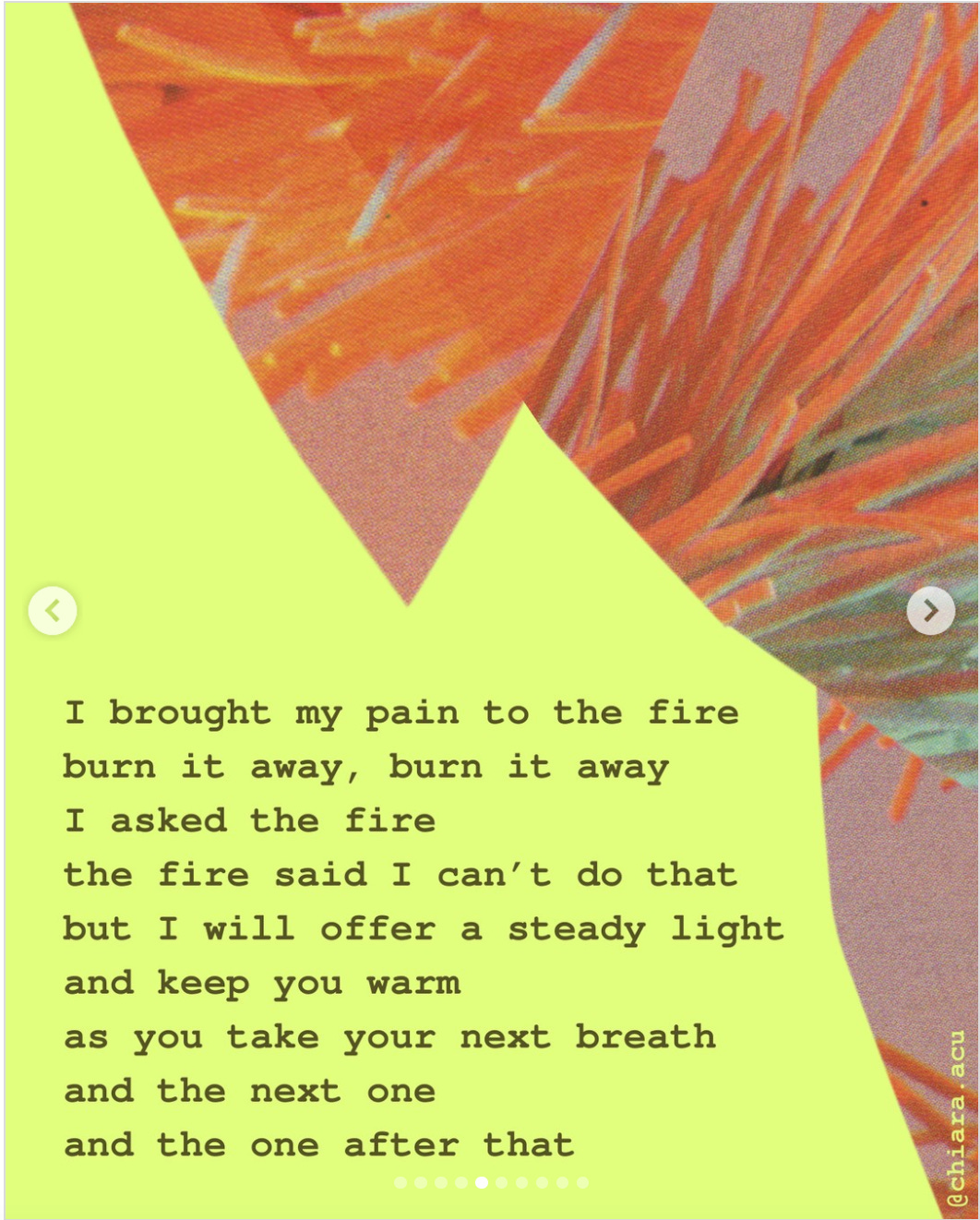 Collage of paper cutouts of vibrant red plants, printed cloth on a pale neon yellow background and brown text. The text reads, "I brought my pain to the fire burn it away, burn it away I asked the fire. the fire said I don't do that but i will offer a steady light and keep you warm as you take your next breath and the next one and the one after that"