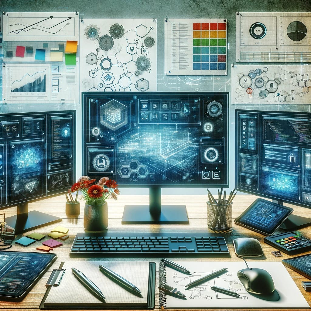 A conceptual depiction of product management in the software industry, featuring a sleek, modern desk with multiple computer screens displaying vibrant dashboards, code editors, and user interface designs. The desk is adorned with notes, agile development boards, and a roadmap of product development phases. Elements like a keyboard, mouse, and a digital tablet with a stylus suggest active development and design work. The background subtly includes icons representing collaboration, innovation, and user feedback, encapsulating the dynamic and collaborative nature of software product management without the presence of humans.