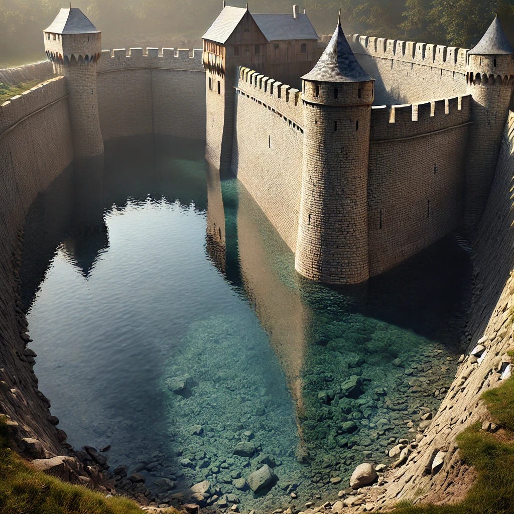 A hyperrealistic depiction of a medieval-style castle surrounded by a deep, wide moat filled with water. The water is reflective and clear, with stone walls rising steeply from the edge of the moat. The castle appears well-fortified with towers, and the scene is set in a natural landscape, with trees and grass around the moat. The overall feel should be realistic and detailed, capturing the serenity and defensive nature of the moat without any text.