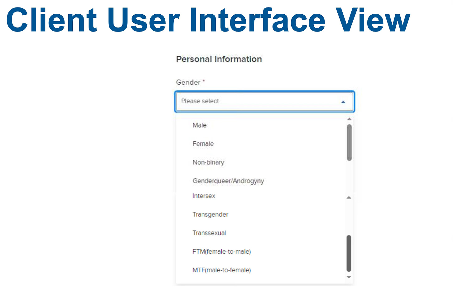 Screenshot of "gender" dropdown in new city recreation system, showing several options