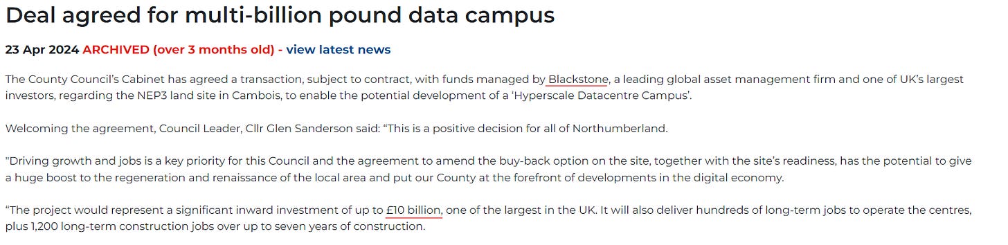 Figure 3 - Blackstone Blyth Data Centre Announcement