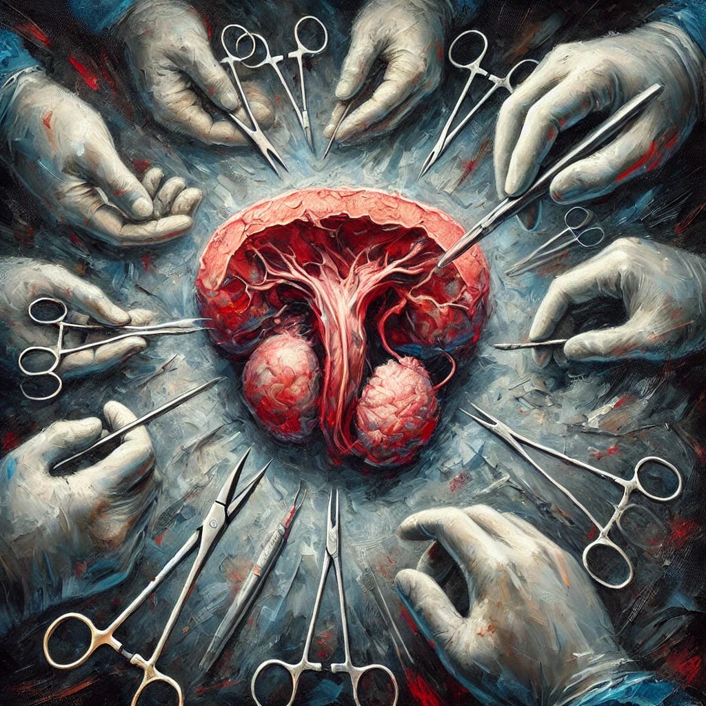 An expressive oil painting focused on the human prostate and its surgical removal, symbolizing the impact of PSA testing and prostate cancer treatment. The central image is a detailed representation of the prostate surrounded by surgical tools and hands preparing to perform the removal. The prostate is depicted with vulnerable, soft textures, while the background is dark and somber, with muted tones of blue, grey, and red, emphasizing the gravity of the procedure. Bold, dramatic brushstrokes highlight the intensity and emotional weight of the scene, evoking a sense of medical intervention and loss.