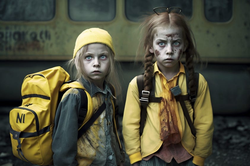 an AI-generated image for "zombie children wearing yellow backpacks"