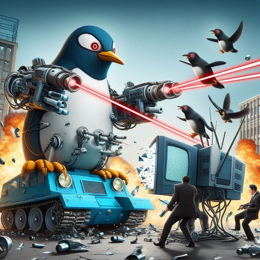 cyborg penguins in a blue tank crushing televisiosn and shootiung lasers at Men in Black