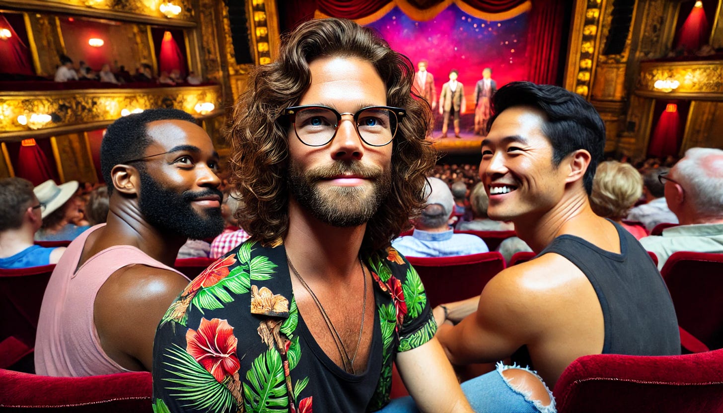 A 30-year-old white man with medium-length wavy brown hair and a beard, wearing a Hawaiian shirt over a black tank top and blue jeans, and thin-framed rectangular glasses. He is sitting in a theater watching a Broadway musical. Next to him is a gay couple, smiling and enjoying the show. The couple is diverse, one man is black with short curly hair, and the other is Asian with straight black hair. The theater has red velvet seats, a grand stage with elaborate lighting, and a vibrant, colorful set for the musical.