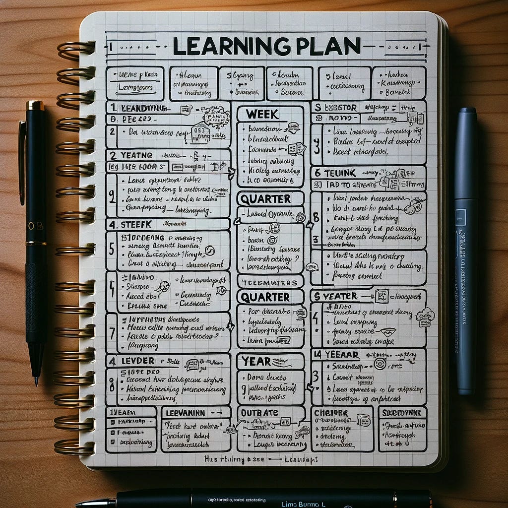An AI-generated image of a notebook containing a Learning Plan. It has goals for the week, quarter, and year.